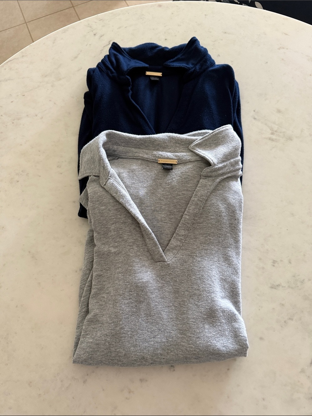 Magaschoni Ribbed Knit Top in Heather Gray with Gold Logo